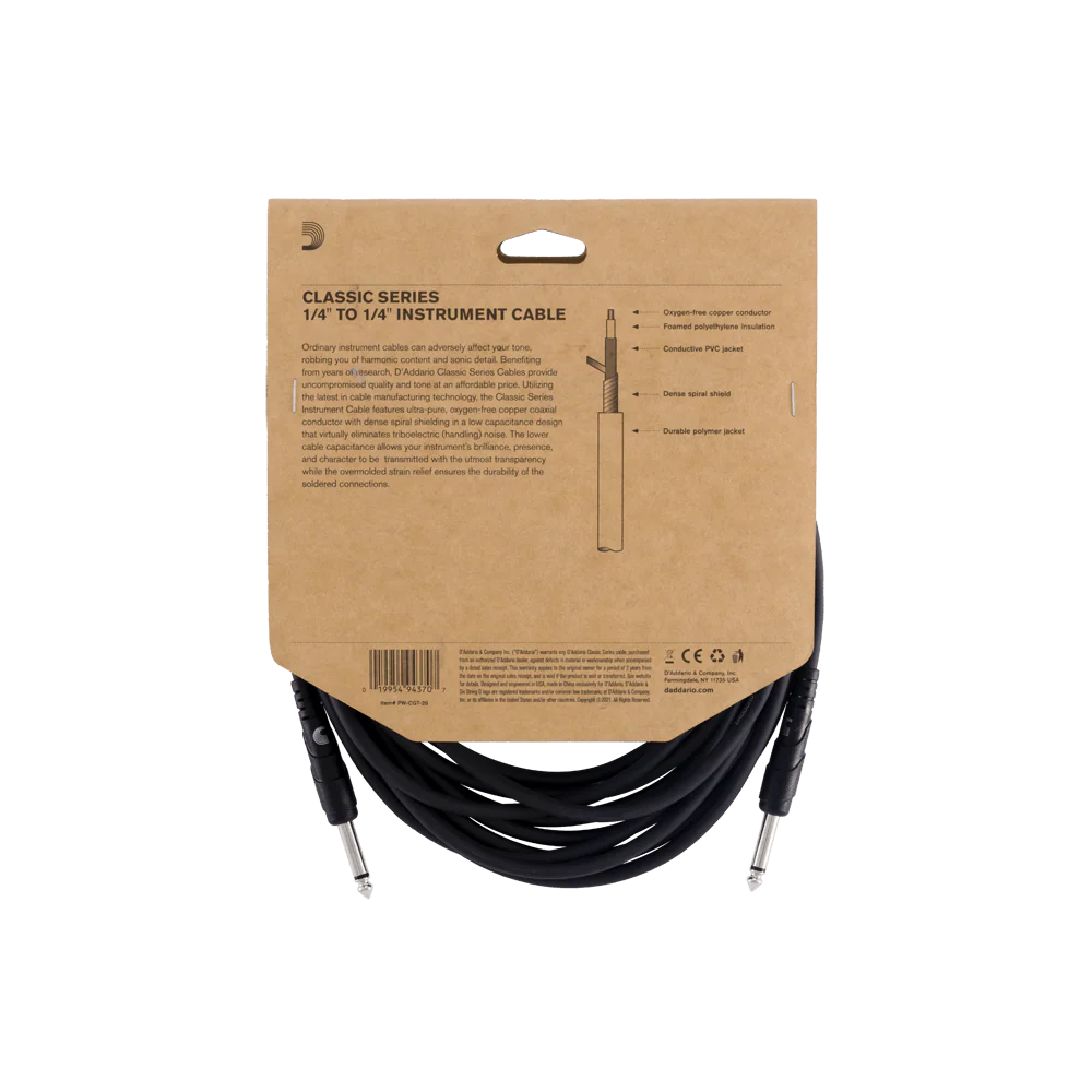 D'addario Classic Series Instrument Cable Straight to Straight, 20ft Black