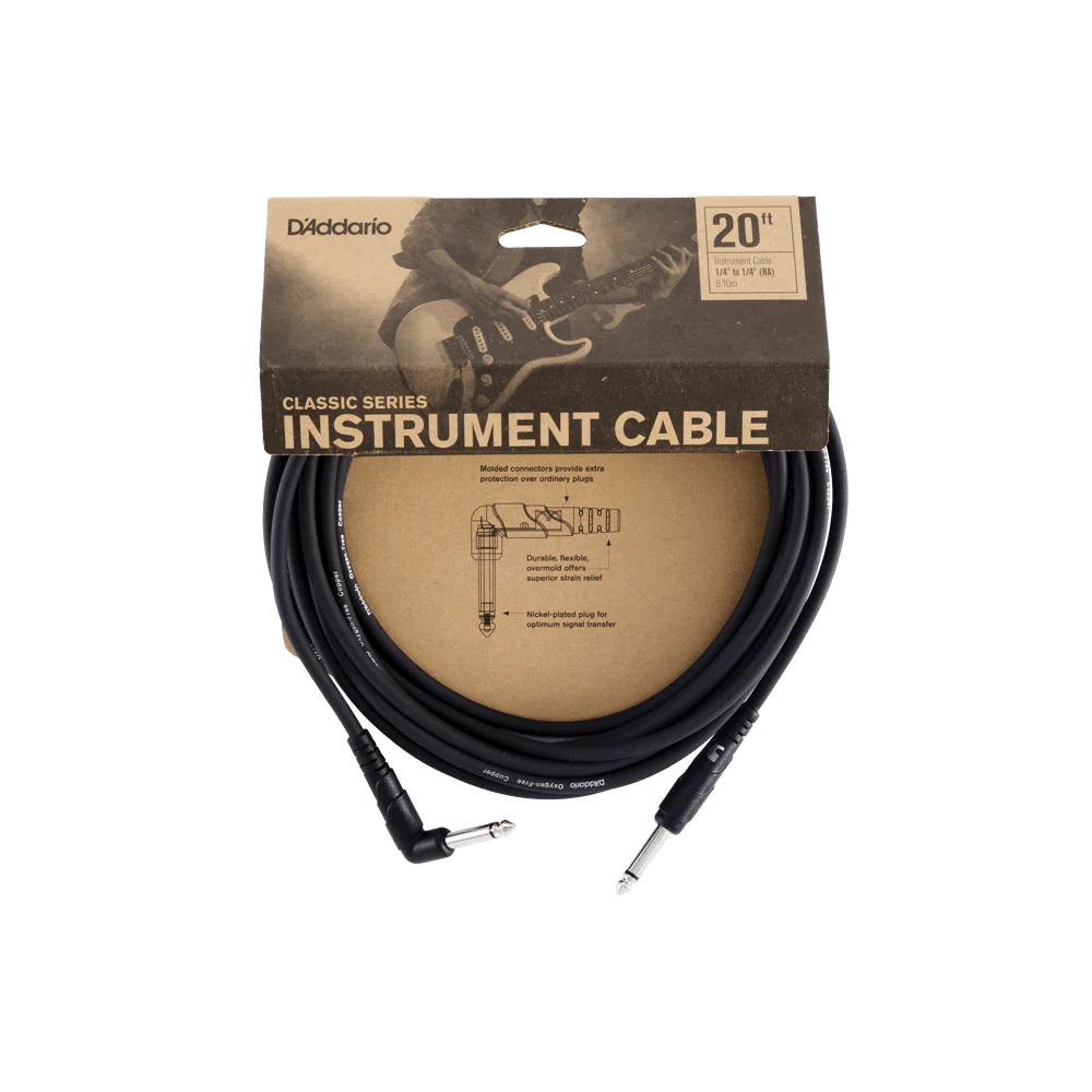 D'addario Classic Series Instrument Cable Straight to Right-Angle, 20ft Black