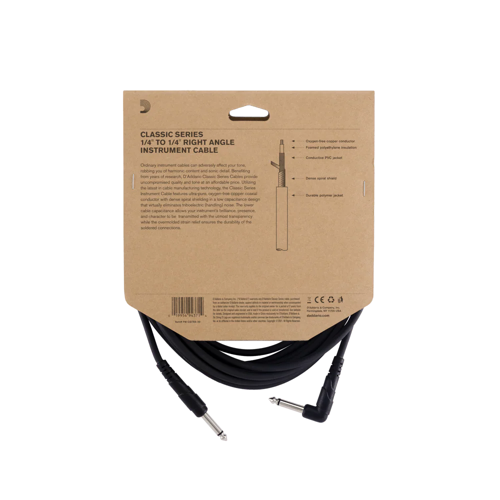 D'addario Classic Series Instrument Cable Straight to Right-Angle, 20ft Black