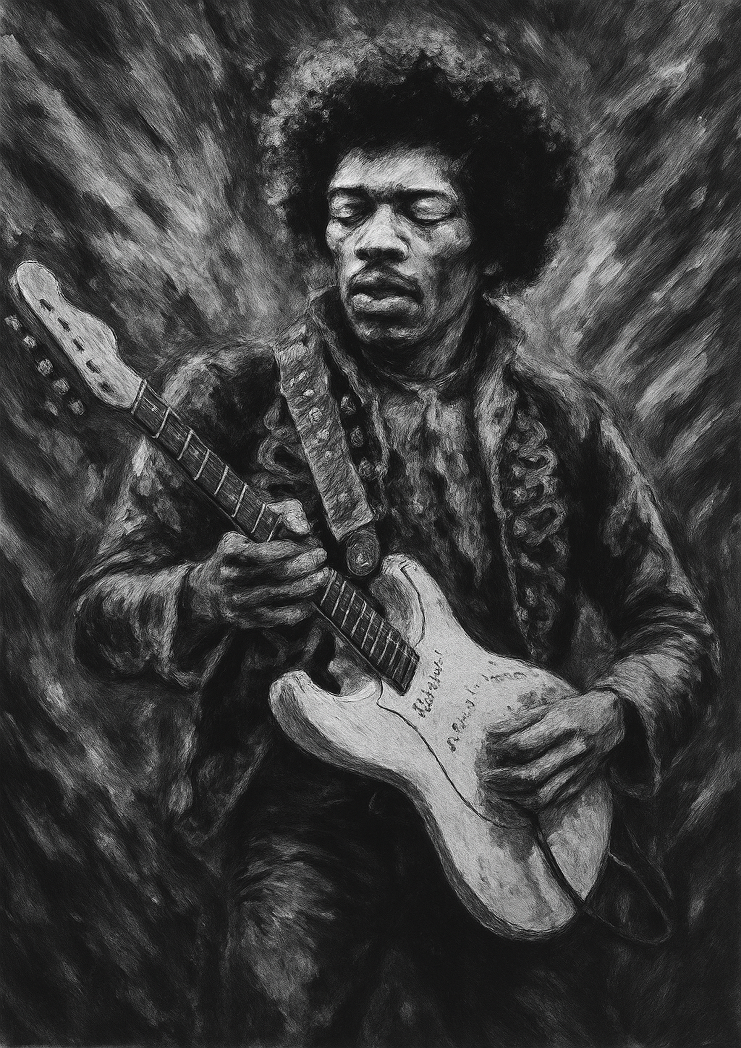 Jimi Live -  Abstract Art Print - Black And White