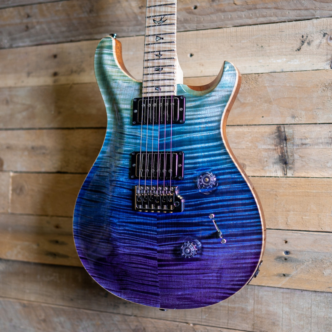 PRS Wood Library Custom 24 10 Top in Blue Fade with Flame Maple Neck