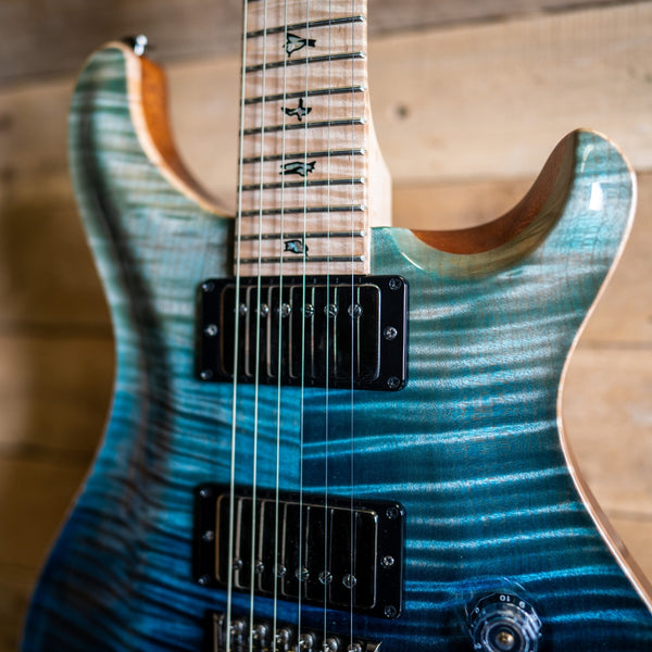 PRS Wood Library Custom 24 10 Top in Blue Fade with Flame Maple Neck